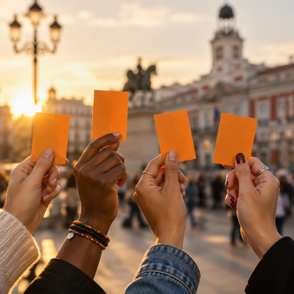 Manos levantando tarjetas naranjas en señal de apoyo contra la violencia de género